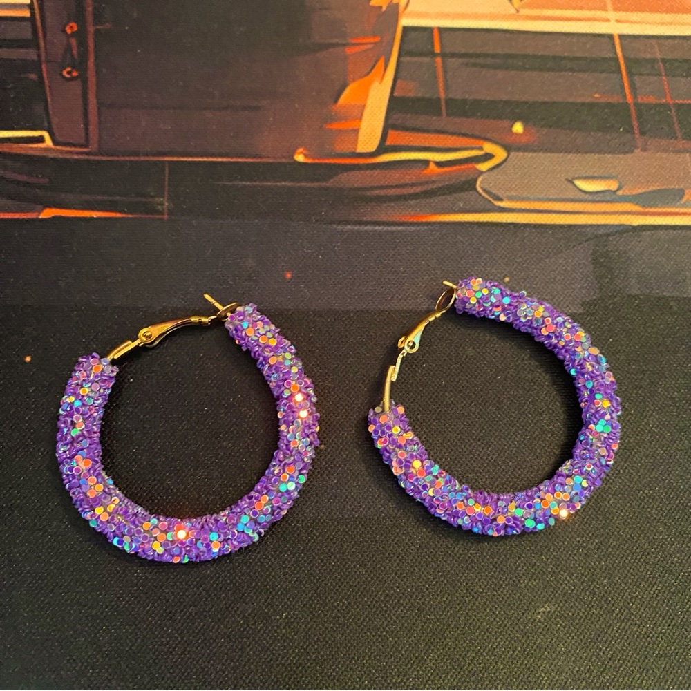 Purple Iridescent Glitter Hoop Earrings